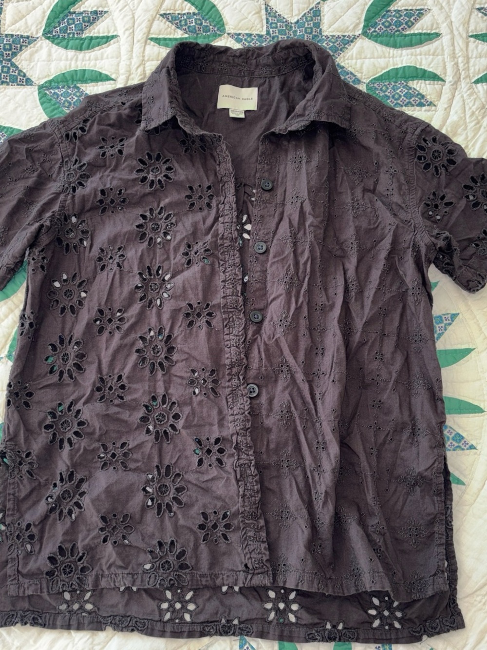 American Eagle Outfitters Dark Brown Eyelet Button-Up Shirt